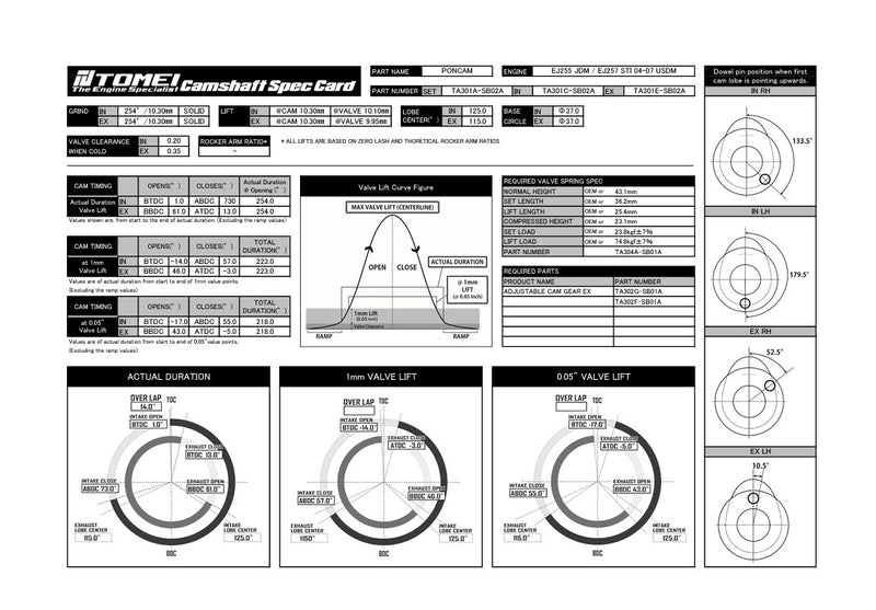 Tomei VALC Camshaft Poncam Exhaust 254-10.30mm Lift For Subaru EJ25 Single AVCS
