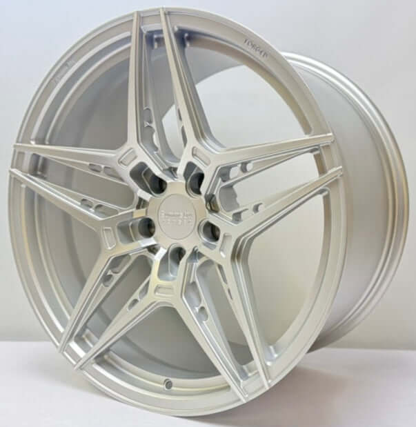 Symmetry Forged Wheels - SF-02 - Silver Machine Satin Lacquer showcasing a modern 5-spoke design.