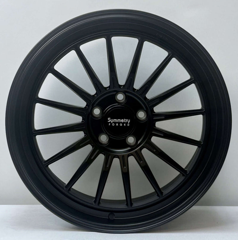 Symmetry Forged Wheels - SF-11 - Black Satin Lacquer close-up showcasing intricate spokes and smooth finish.