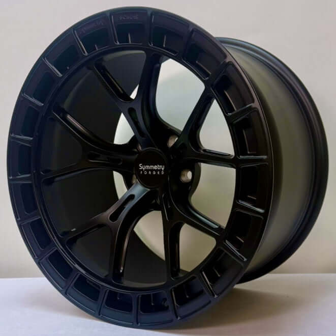 Symmetry Forged Wheels - SF-12 - Black Satin wheel showcasing its sleek design and finish, perfect for BMW applications.