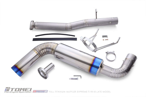 Tomei Expreme Titanium Exhaust System for RX-8 SE3P Late Model 13B-MSP showing full titanium muffler components.