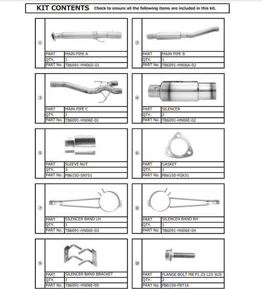 Tomei Ti Exhaust Replacement Part for 22+ Civic Type-R FL5 TB6090-HN06E Type D - Kit contents including various components.