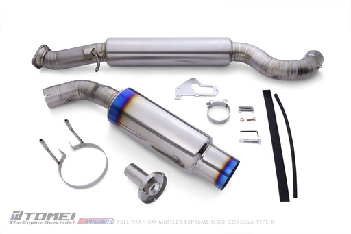 Tomei Expreme Titanium Exhaust System Type-R Single For Toyota GR Corolla showing full titanium muffler components.