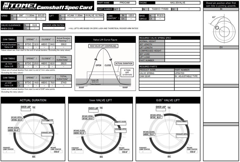 Tomei VALC Camshaft Procam IN/EX Set 306-11.00/290-10.00 Lift For Toyota 4AG(Z) 16 Valve