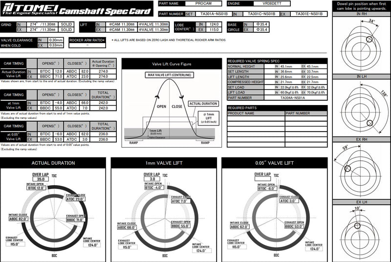 Tomei VALC Camshaft Procam Exhaust 274-11.30mm Lift For Nissan GTR R35 VR38DETT