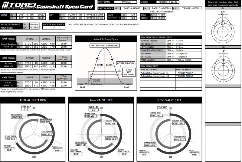 Tomei VALC Camshaft Poncam Exhaust 262-9.15mm Lift For Nissan GTR R33 RB26DETT