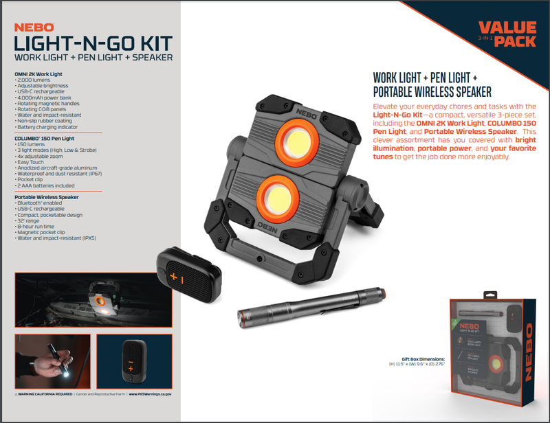 NEBO Light-N-Go Kit / Pen Light, Work Light and Wireless Speaker Combo