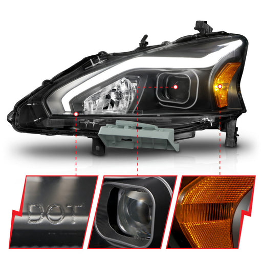 ANZO 13-15 Nissan Altima (w/o Factory HID Bulbs) Projector Headlights - w/ Light Bar Black HousingANZO