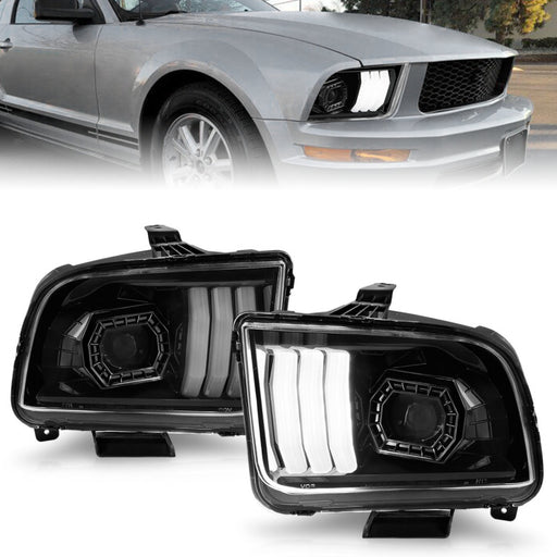 ANZO 05-09 Ford Mustang (w/Factory Halogen HL Only) Projector Headlights w/Light Bar Black HousingANZO